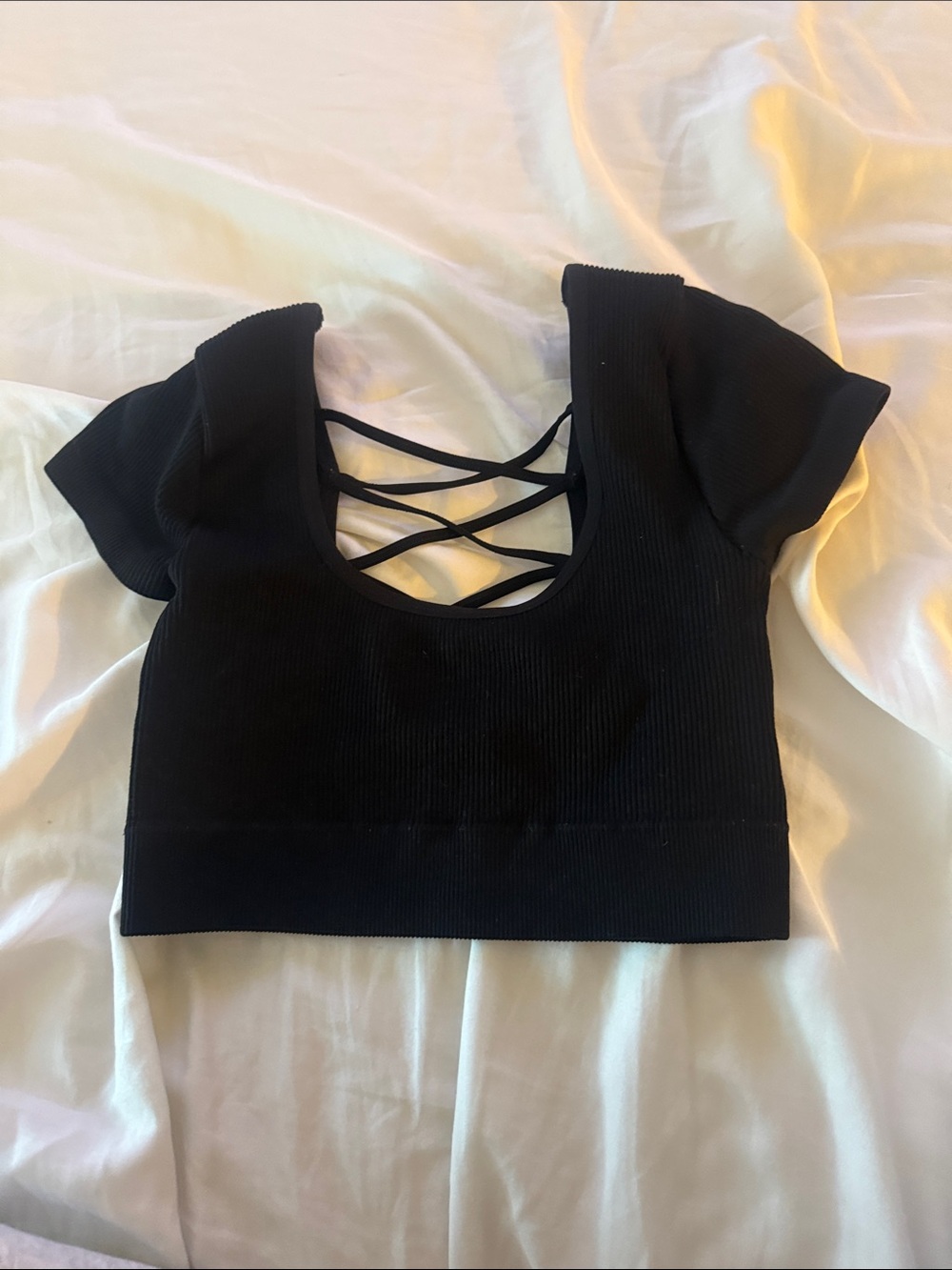Black Crisscross Short Sleeve Crop Top